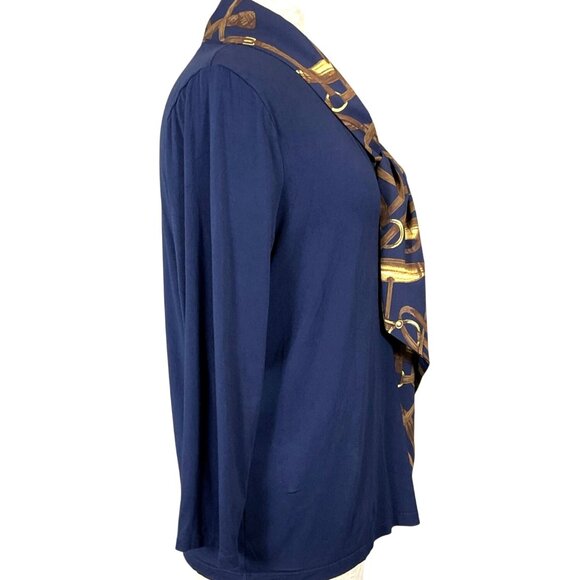 Lauren Ralph Lauren 3/4 Sleeve Navy V-Neck Attached Equestrian Scarf Knit Tee XL - Picture 3 of 7